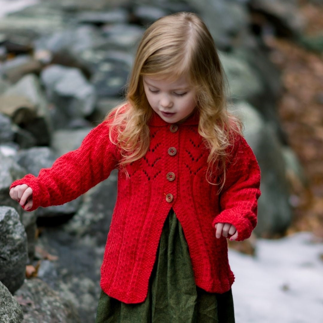 Hand-knit lace knit collared cardigan in Red – made-to-order cotton bamboo baby & kids
