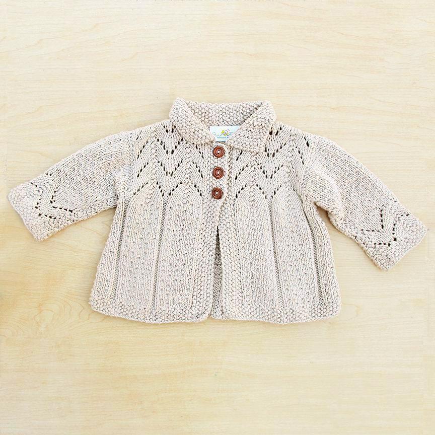 Hand-knit lace knit collared cardigan in Light Oatmeal – made-to-order cotton bamboo baby & kids
