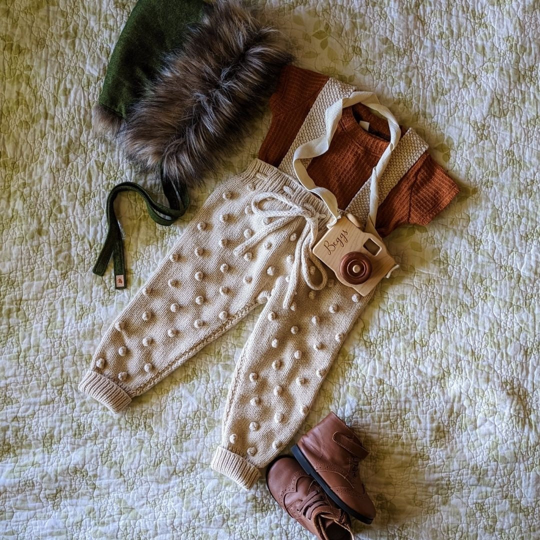 Gender-neutral Henley Suspender Pants in Ecru - hand-knit baby pants by JuneBee Baby
