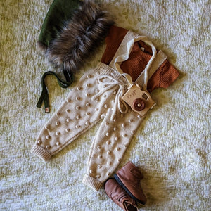 Gender-neutral Henley Suspender Pants in Ecru - hand-knit baby pants by JuneBee Baby
