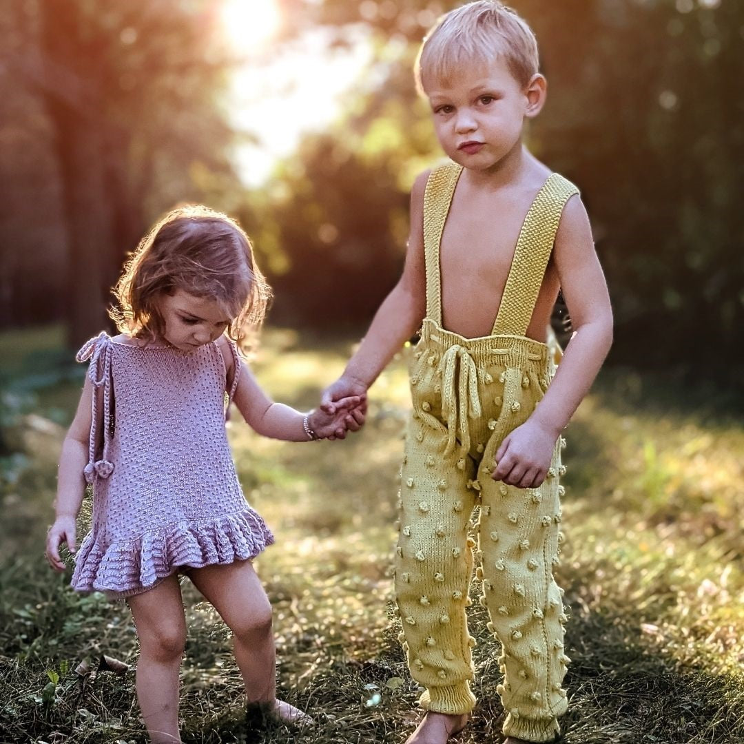 Henley Suspender Pants in Corn Yellow - hand-knit kids pants by JuneBee Baby
