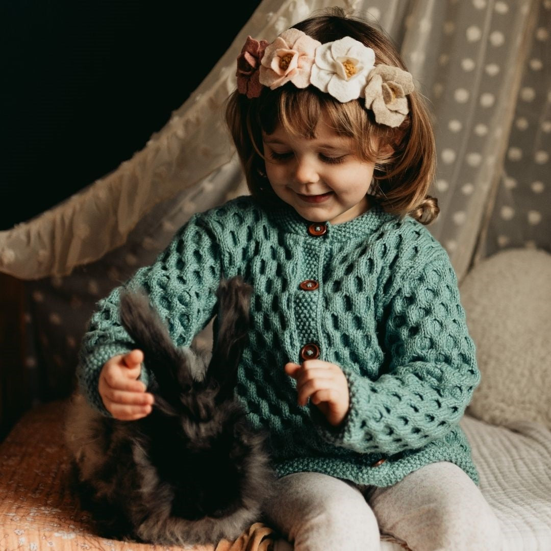 Honeycomb Cardigan in Hunter Green - Detail View | JuneBee Baby