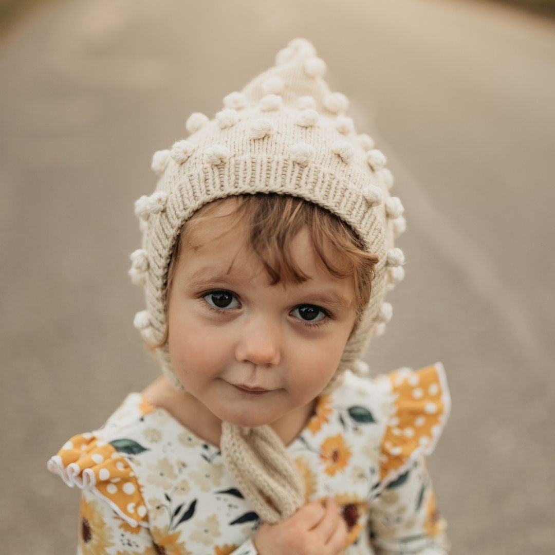Hand-knit popcorn pixie hat in ecru cotton bamboo, artisan-made baby hat by JuneBee Baby.