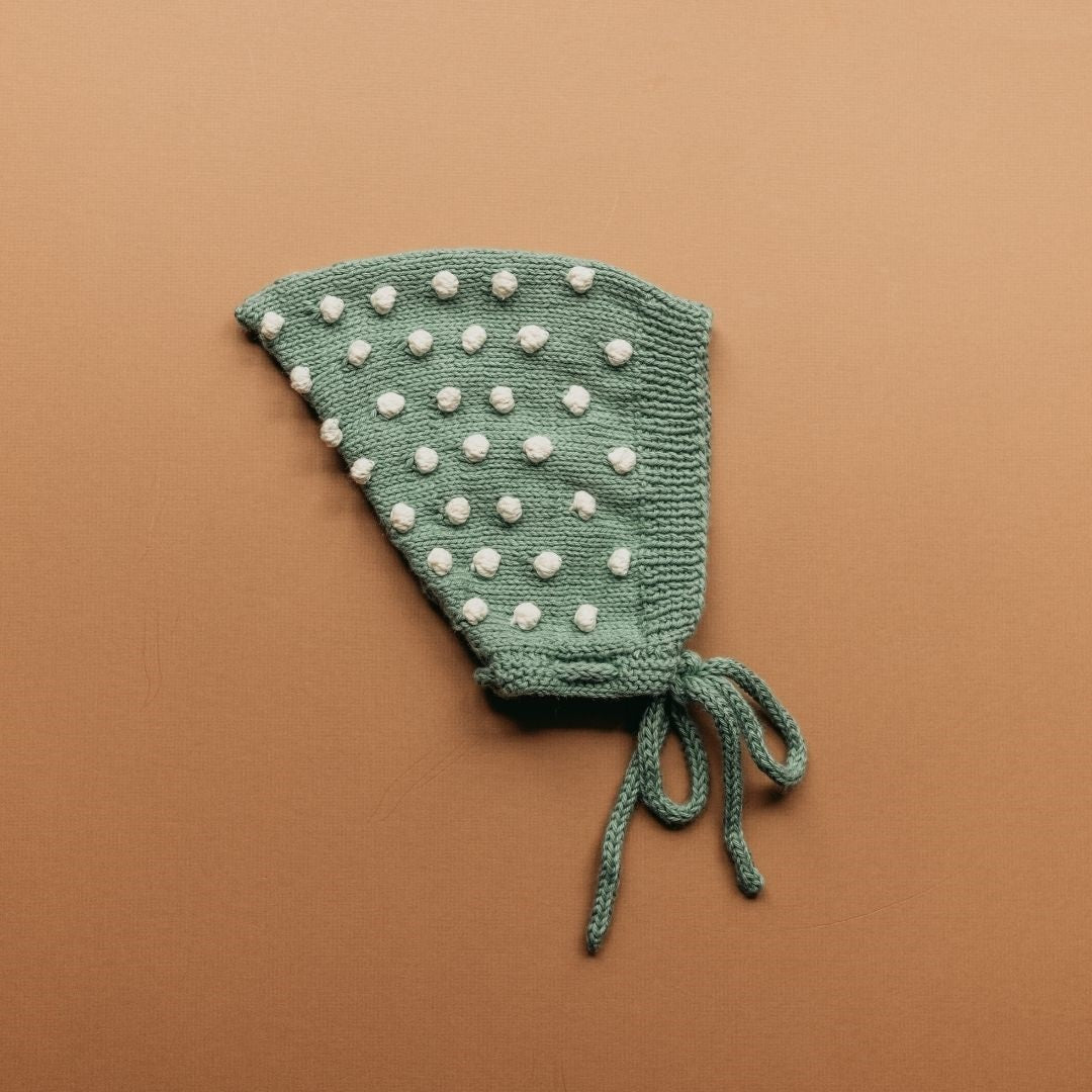Hand-knit popcorn pixie hat in green and cream cotton bamboo, artisan baby hat by JuneBee Baby.