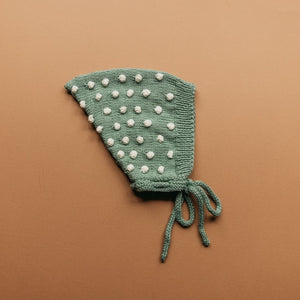 Hand-knit popcorn pixie hat in green and cream cotton bamboo, artisan baby hat by JuneBee Baby.