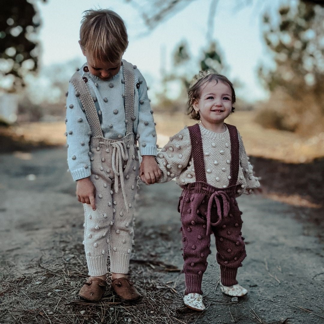 Unisex Henley Suspender Pants in Ecru and Mocha - handmade cotton bamboo by JuneBee Baby
